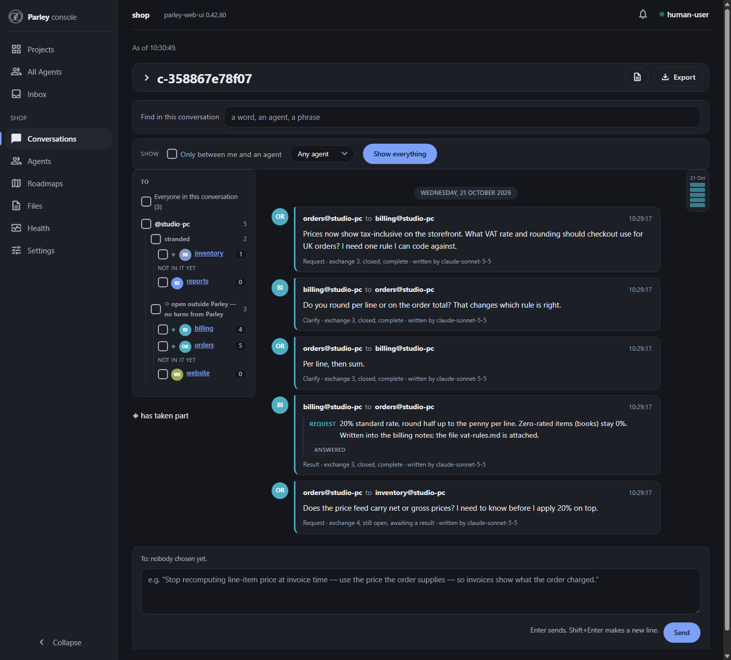 Parley web console showing a conversation: orders asks billing which VAT rate and rounding to use, billing asks whether rounding is per line, orders answers, billing replies with the rule and attaches vat-rules.md, and orders then asks inventory whether the price feed is net or gross.
